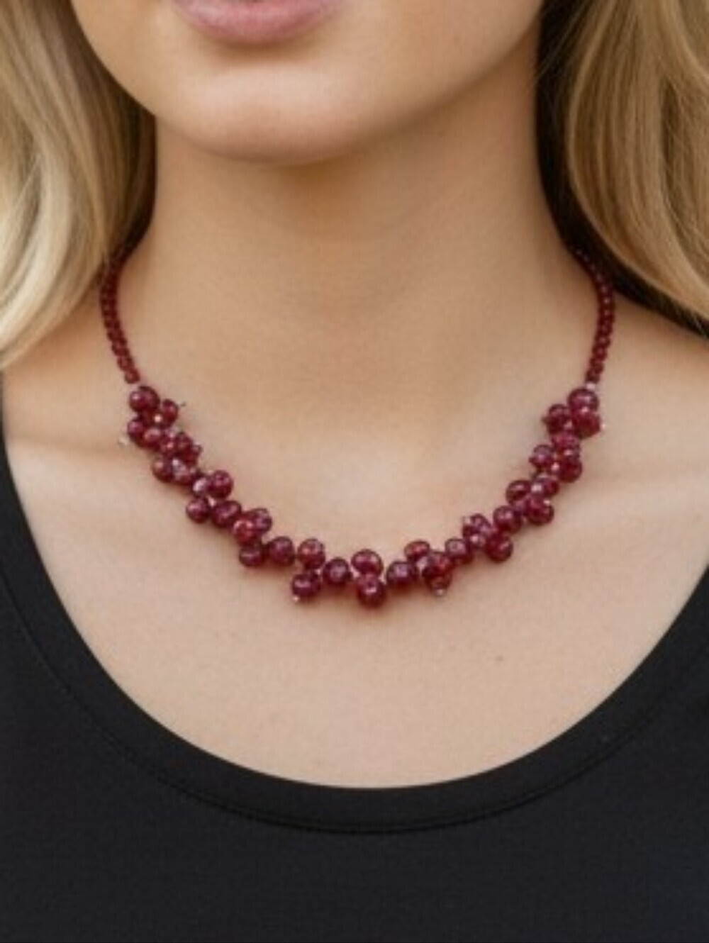 Red Beaded Cluster Necklace Silvertone